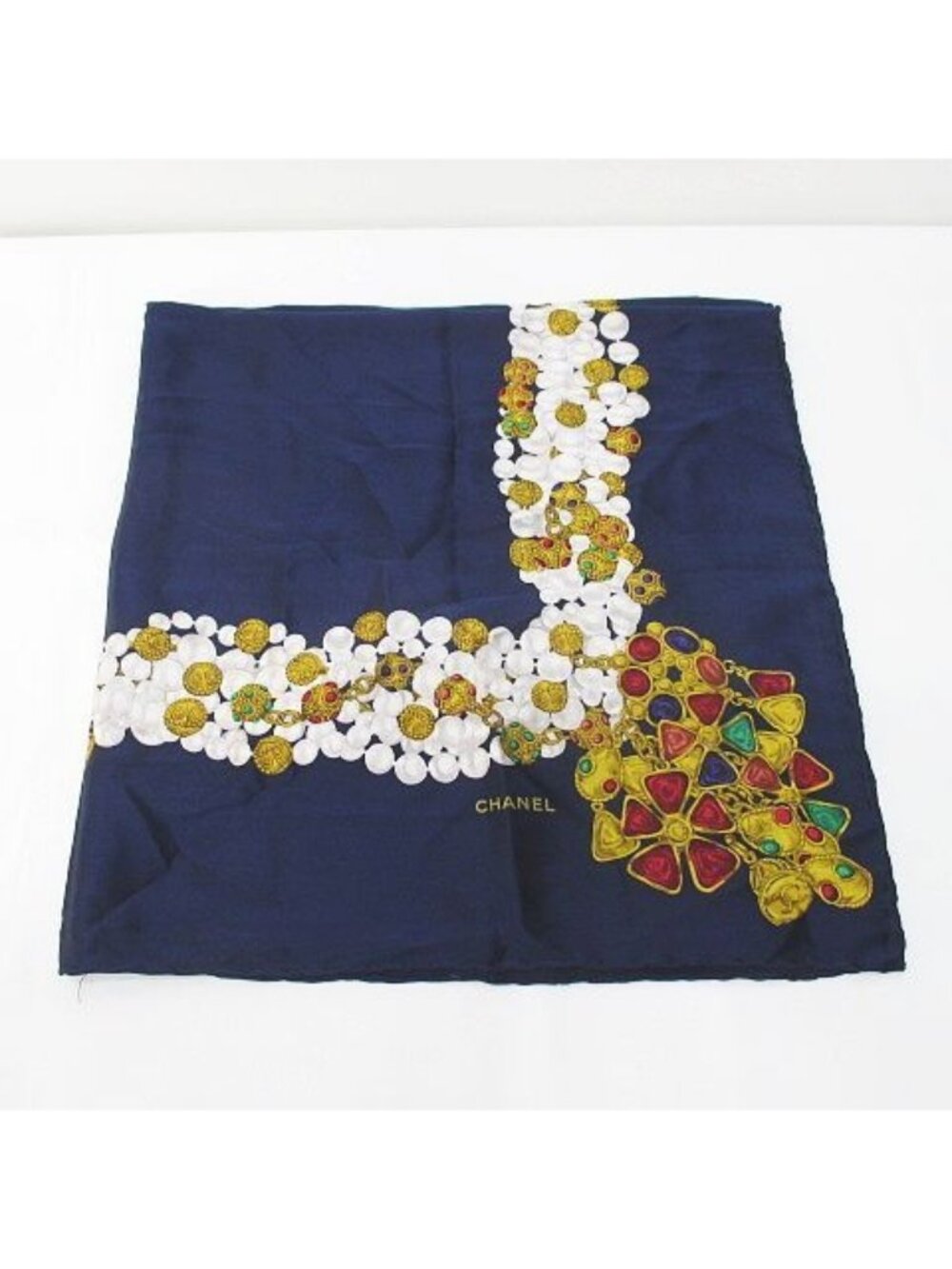 Chanel Vintage Large Scarf Navy Pearl All Over Print Logo